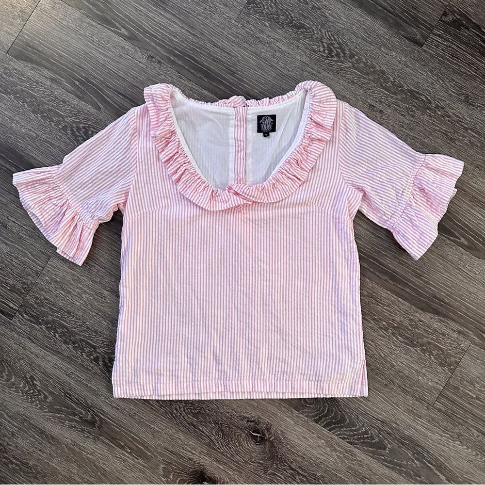 Pleated Ruffle Neck Pink Stripe Women's Top